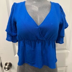 Blue Ruffled Wrap Crop Blouse